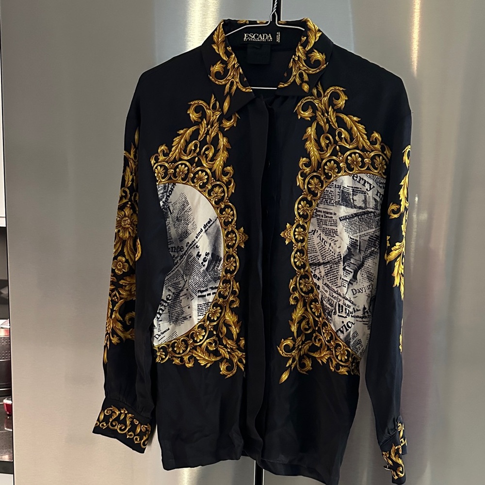Escada Black and Gold Ornate Print Silk Shirt